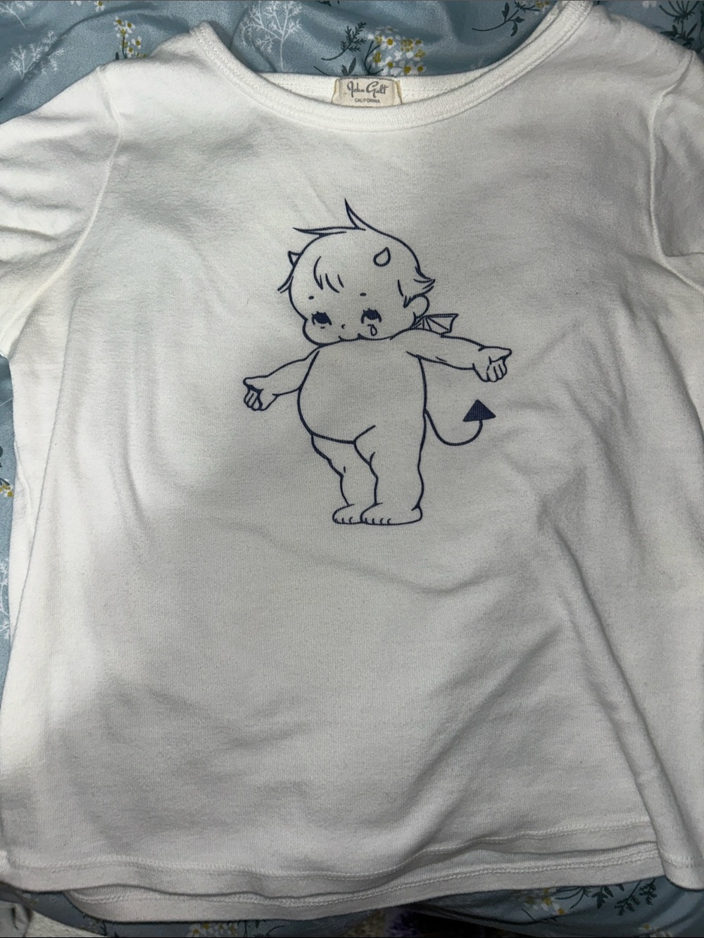 Brandy Melville White Tee with Navy Devil Kitten Graphic